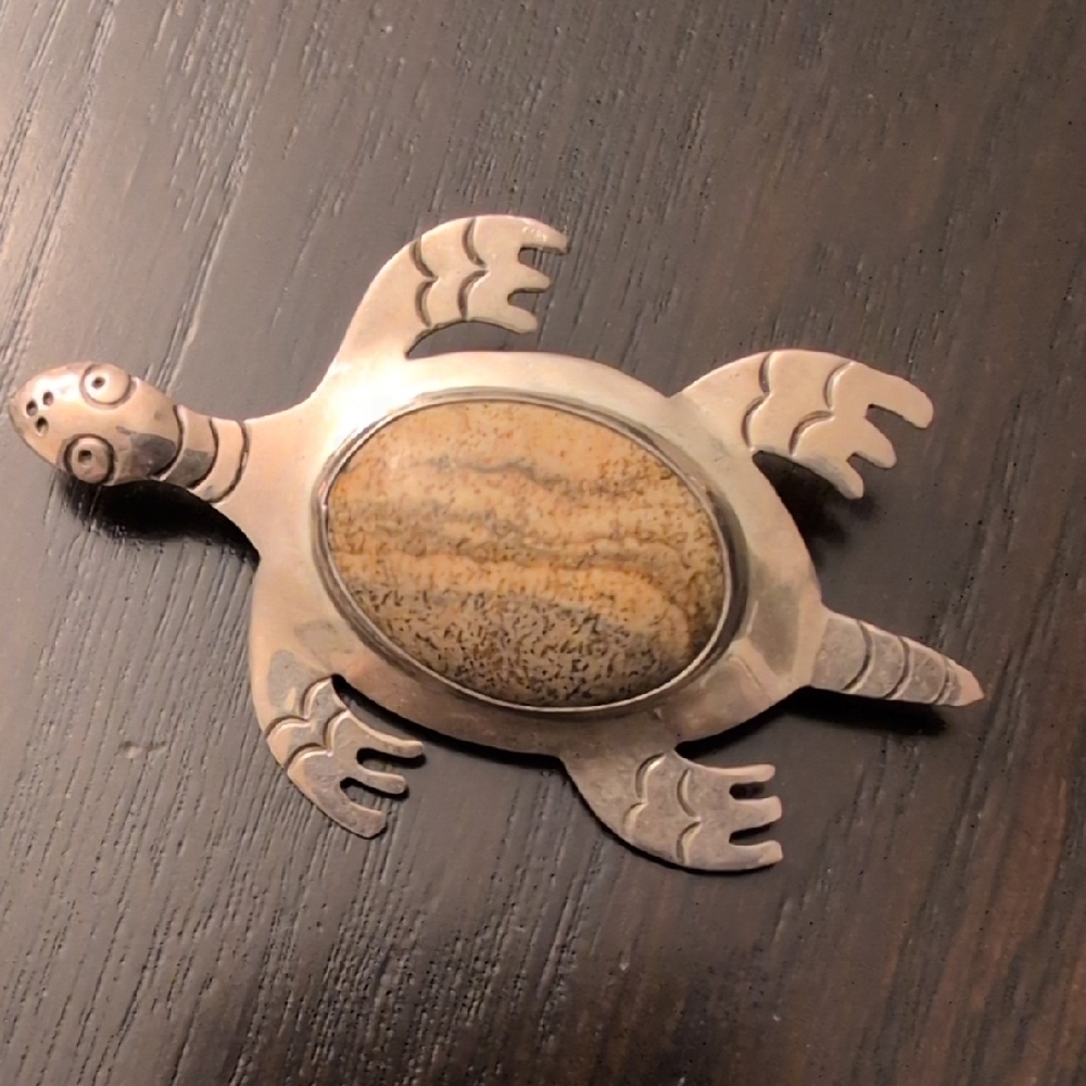 Cii 925 Mexico Sterling Silver Ocean Jasper Sea Turtle Brooch Pin Vintage